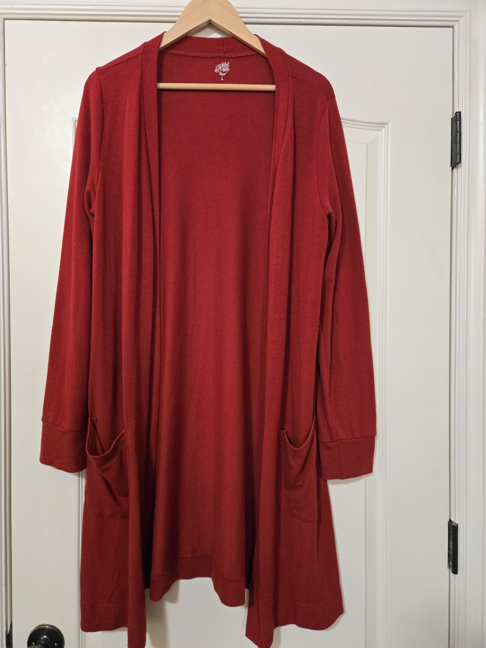 Tickled Teal Red Open-Front Women’s Cardigan